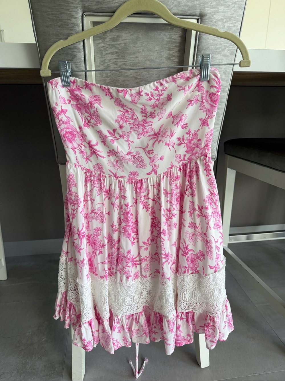 Altar'd State White and Pink Strapless Floral Dress with Lace Trim size small